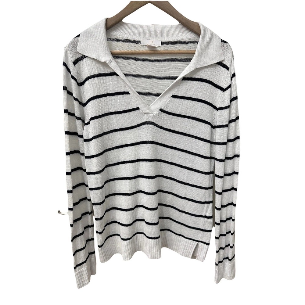 Halston Polo Sweater Large White Black Striped Linen Blend V-Neck Long Sleeve